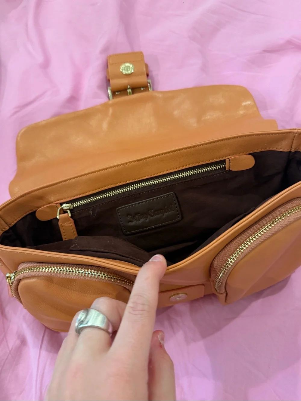 JEFFEREY CAMBELL PEACH Women’s Stud-Accent Tan Shoulder Bag with Gold Hardware